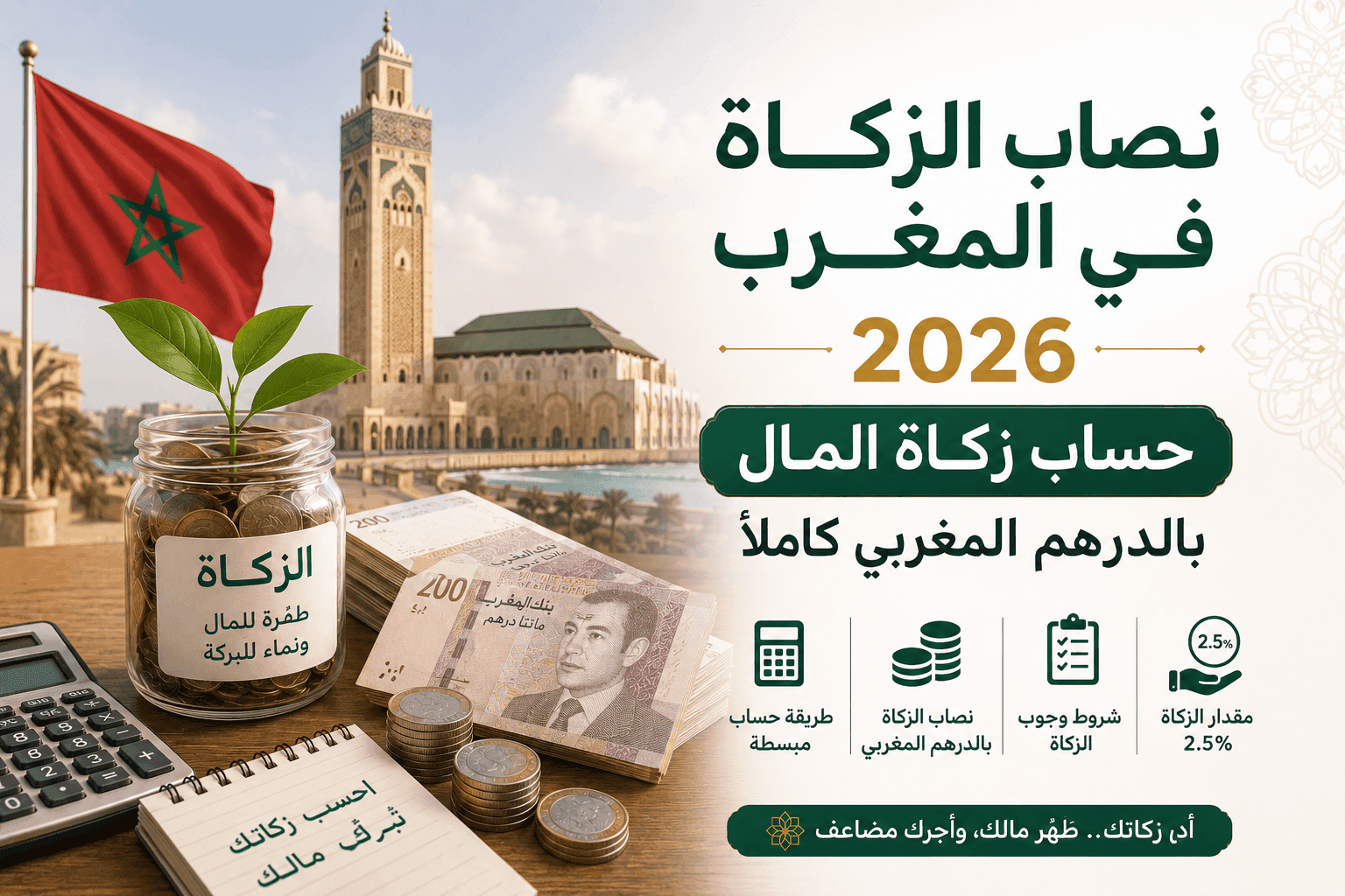 صورة مقال: نصاب الزكاة في المغرب 2026: حساب زكاة المال بالدرهم المغربي كاملاً