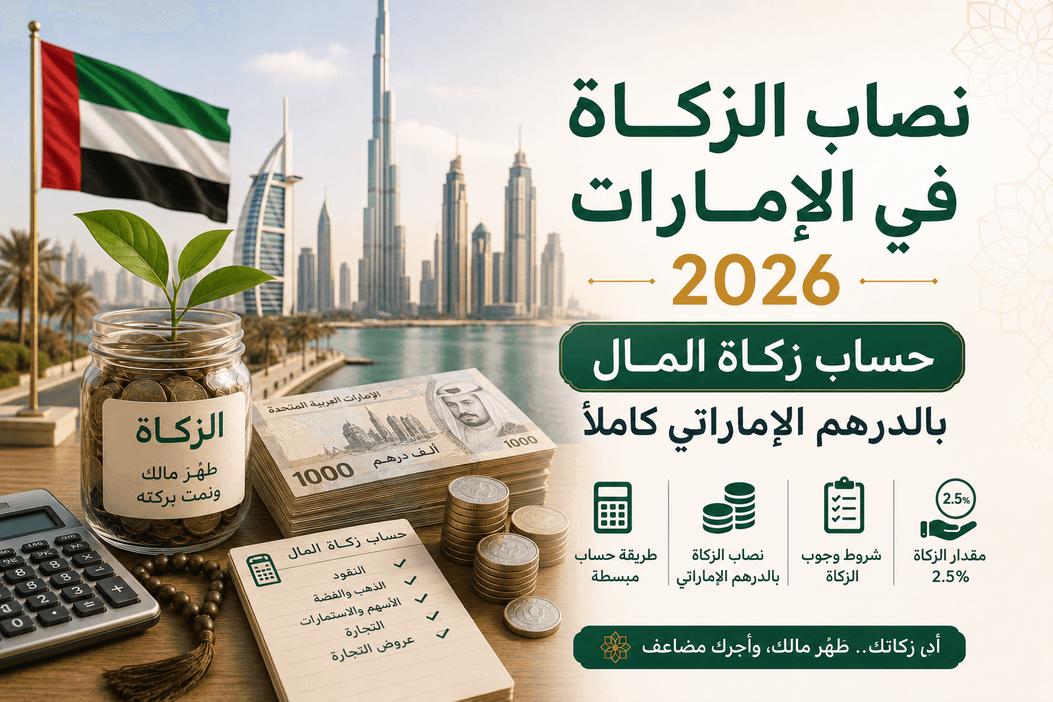 صورة توضيحية لمقال: نصاب الزكاة في الإمارات 2026: حساب زكاة المال بالدرهم الإماراتي كاملاً