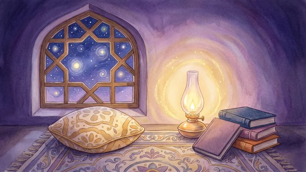 ركن هادئ للقراءة: نافذة مقوّسة على سماء فيها نجوم، ووسادة ومصباح وكتب