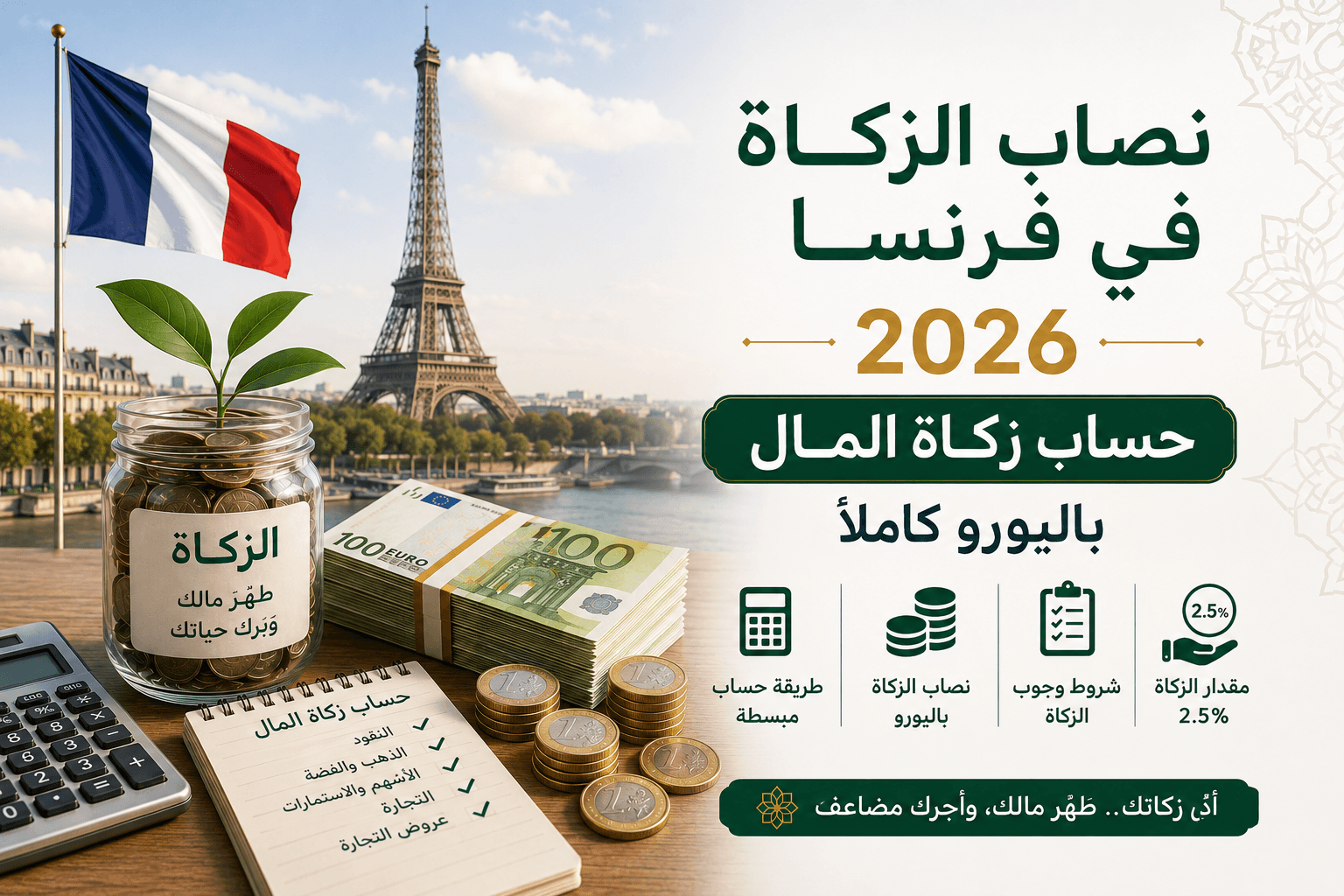 صورة مقال: نصاب الزكاة في فرنسا 2026: حساب زكاة المال باليورو كاملاً