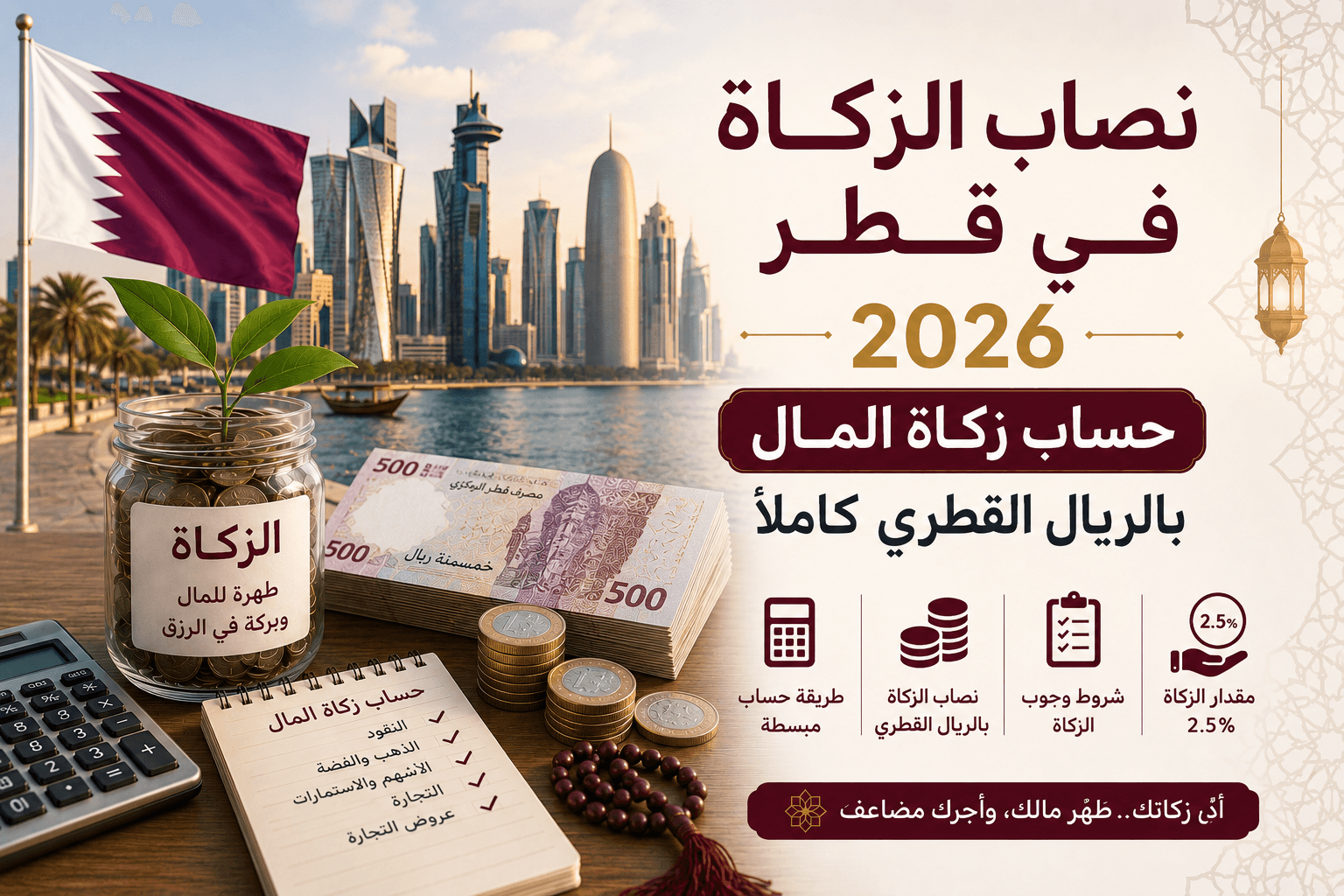 صورة مقال: نصاب الزكاة في قطر 2026: حساب زكاة المال بالريال القطري كاملاً