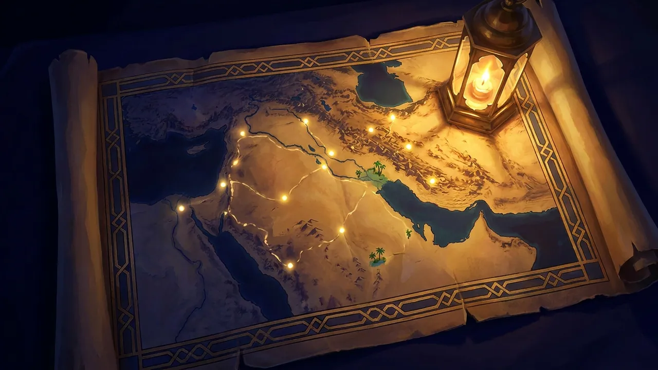 خريطة قديمة مرسومة على رقّ، فيها جبال وبحر ووديان وطرق، وأماكن معلّمة بنقاط من نور ذهبي
