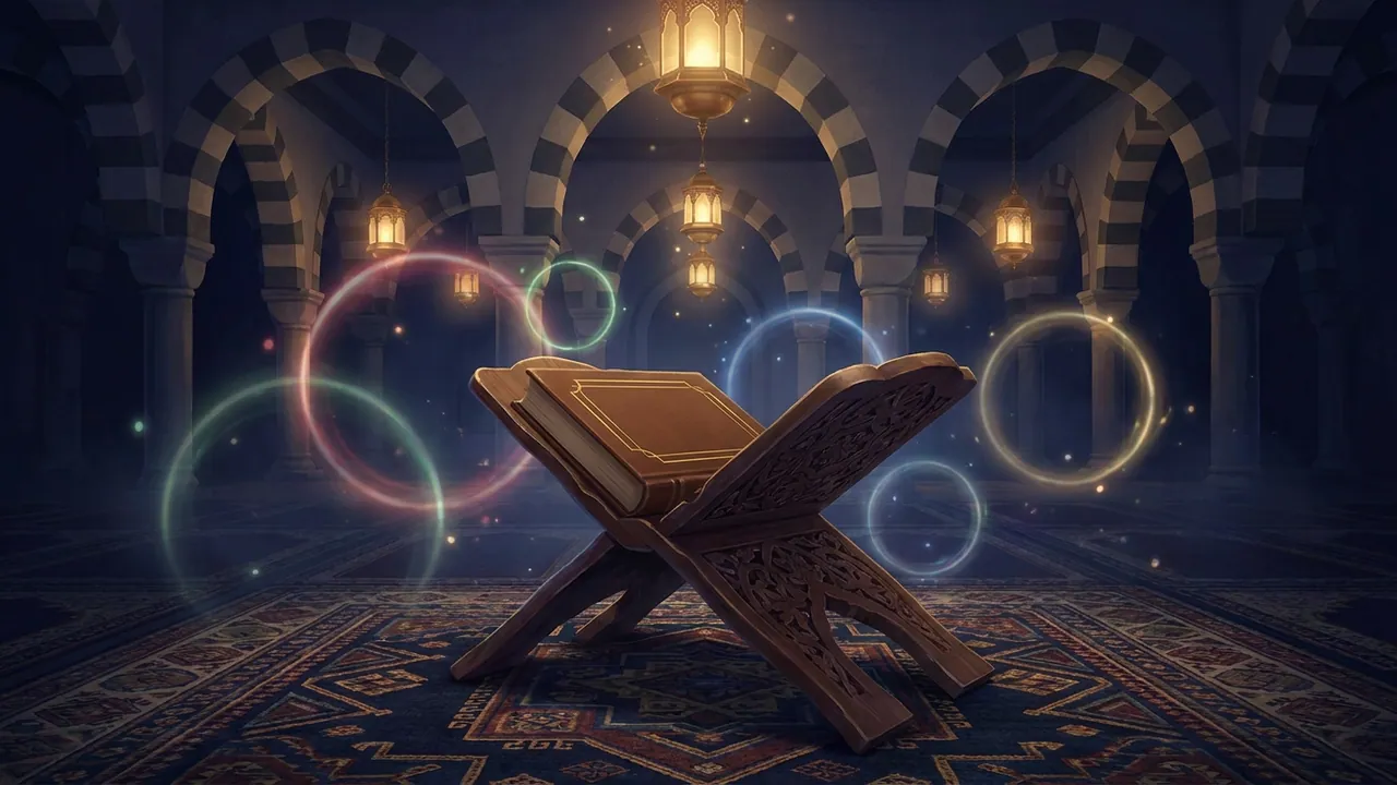 حامل خشبي منقوش عليه كتاب مغلق في مصلّى ليلي ذي أقواس وقناديل، تحيط به دوائر من نور ملوّن